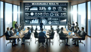 Business professionals in a modern office setting measuring the success of CPM campaigns by tracking performance metrics. A large screen displays metrics such as impressions, clicks, CTRs, and conversions with keywords like "Measurable Results," "Tracking Performance," and "CPM Strategy." 