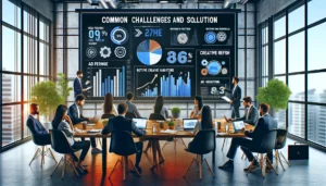 Business professionals in a modern office setting discussing common challenges and solutions in CPM advertising, specifically overcoming ad fatigue. A large screen displays charts, graphs, and keywords like "Ad Fatigue," "Creative Refresh," and "Ad Variations."