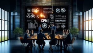 Business professionals in a modern office setting discussing the conclusion of a CPM (Cost Per Mille) advertising campaign. A large screen displays summary points and keywords like "Brand Awareness," "Ad Impressions," "Target Audience," "Ad Placement," and "Design."