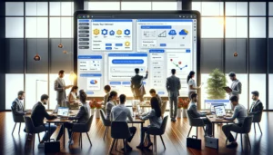 Business professionals in a modern office setting managing a website using Google Tag Manager (GTM). A large screen displays the GTM interface with various tags, triggers, and data collection metrics, highlighting collaboration and education.

