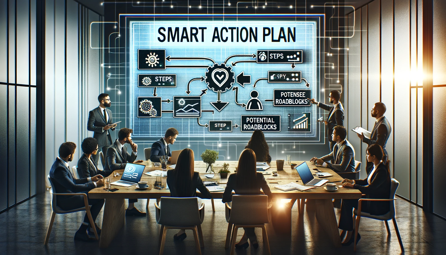 Business professionals in a modern office setting crafting a SMART action plan. A large screen displays an action plan template with steps, resources, and potential roadblocks, while professionals use laptops and whiteboards for discussion.