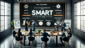 Business professionals in a modern office setting mastering the SMART framework to set and achieve meaningful goals. A large screen displays the SMART acronym: Specific, Measurable, Attainable, Relevant, and Time-Bound, along with a roadmap for success.