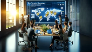 Business professionals in a modern office setting setting up geo-targeted campaigns. A large screen displays maps and geographic data using tools like Google Ads, while professionals engage in discussions using laptops and documents.