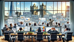 A busy London office with multiple computer screens showing complex digital advertising data, charts, and graphs. People look overwhelmed and confused, with one person pointing at a screen, trying to explain something to a colleague. Iconic London landmarks like the Tower Bridge and The Shard are visible through the windows, emphasizing the location.