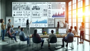 A modern office setting with a diverse team of analysts studying various data visualizations on large screens. Charts and graphs depict online behaviour patterns and user journey data. The team looks focused and engaged in discussions. The backdrop includes elements that suggest strategic planning, such as whiteboards with flowcharts and post-it notes.
