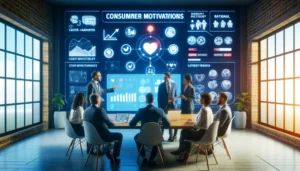 A modern office with analysts examining consumer motivations through charts, graphs, and visual aids. The scene highlights emotional and rational factors influencing buying decisions.