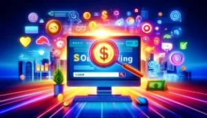 Digital illustration of PPC (pay-per-click) advertising featuring a computer screen displaying search engine results with a highlighted PPC ad. Surrounding the screen are icons for social media, websites, and apps, along with dollar signs, click icons, and a bullseye. The background shows a cityscape symbolizing business growth.