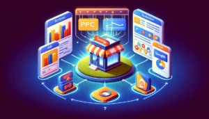 Digital illustration titled Choosing the Right PPC Strategy. The scene shows a store at the center with various PPC platforms surrounding it, including icons for Meta Ads, Google Ads, and Amazon Ads. The store is highlighted, indicating strategic decision-making. One side features a chart showing evaluation metrics, while the other side prominently displays Google Ads and Meta Ads. Arrows connect these platforms to the store, symbolizing targeted reach and customer engagement.