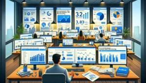 Digital illustration titled Resources for Benchmarking PPC Costs. The scene shows a workspace with multiple screens displaying insights from platforms like Google Ads, Facebook Ads, and LinkedIn Ads. Charts and graphs indicate industry-specific benchmarks. Printed industry reports and documents from PPC agencies are on the desk. A person is comparing data on a laptop, ensuring realistic expectations for PPC costs.