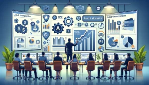 Digital illustration titled Allocating Funds for Lead Generation. A modern office with a team of marketing professionals analyzing data on multiple screens displaying lead generation metrics and growth. A central figure points to a budget allocation chart. Icons for PPC, data-driven strategies, and expert insights are visible. The background includes elements representing continual optimization, such as gears and progress bars.