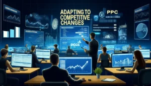 Digital illustration titled Adapting to Competitive Changes. A modern office with professionals analyzing data on multiple screens displaying industry trends, competitor activities, and insights from services like Google Trends and Google Alerts. A businessperson points to a screen showing the latest PPC changes. The background features dynamic elements like graphs, trend lines, and competitor logos.