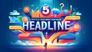 A vibrant illustration emphasising the importance of compelling headlines in marketing. The image features a large headline that reads "Discover 5 Ways to Boost Your Sales Today," surrounded by elements such as numbers, questions, and bold statements. The background includes a dynamic scene with bright colours, highlighting the significance of engaging headlines.

