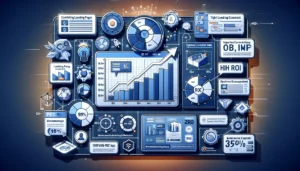 A professional illustration depicting the concept of improving PPC conversion rates to maximise advertising effectiveness. The image features a digital marketing dashboard with various metrics and graphs, highlighting compelling landing pages, optimised ad content, and targeted audience. Additional elements include a chart showing increasing conversion rates, a high ROI indicator, and icons representing monitoring and analysis.

