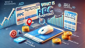 A visually appealing image explaining PPC advertising, with a search engine results page, social media platform, and a website with ads in the background. Icons of a computer mouse pointer clicking on an ad, a coin symbolizing payment, and a graph indicating traffic increase are in the foreground. The text "What is PPC Advertising?" is displayed at the top.