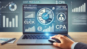 An informative image explaining Cost per Click (CPC) and Cost per Acquisition (CPA) in PPC campaigns. The background features graphs and charts displaying metrics. The foreground has two sections: one for CPC with an icon of a mouse pointer clicking on a coin and a dollar sign, and one for CPA with an icon of a customer figure, a dollar sign, and a conversion arrow. The text "Cost per Click (CPC) and Cost per Acquisition (CPA)" is displayed at the top.