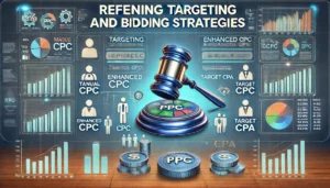 A detailed image explaining refining targeting and bidding strategies for PPC campaigns. The background features a digital dashboard with charts, graphs, and audience data. The foreground has two sections: one for targeting with icons of target audience figures and demographic markers, and one for bidding with icons of a bidding gavel, coins, and different bidding strategies like manual CPC, enhanced CPC, and target CPA. The text "Refining Targeting and Bidding Strategies" is prominently displayed at the top.