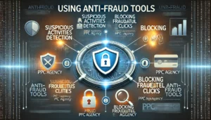 An image explaining the use of anti-fraud tools in PPC advertising. The background features a secure digital interface with icons representing protection and security, such as a shield, a lock, and a magnifying glass. In the foreground, there are sections highlighting suspicious activities detection, blocking fraudulent clicks, and the benefits of partnering with a reputable PPC agency or specialized PPC eCommerce agency. The text "Using Anti-Fraud Tools" is prominently displayed at the top.