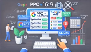 A detailed illustration explaining PPC (Pay-Per-Click) advertising. The image features a digital marketing dashboard with a focus on PPC ads, including an illustration of a Google ads interface with search engine results pages (SERPs) displaying ads. Icons represent clicks, fees, and site visits. Additional graphics include a pay-per-click button, dollar signs indicating payment, and a chart showing ad performance.