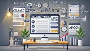 A detailed illustration showing a digital marketing workspace with a computer screen displaying an ad copy editor. The image highlights elements such as headlines, descriptions, and call-to-action buttons. The background seamlessly transitions to a matching landing page, emphasising coherence between ad copy and landing page. Additional elements include icons representing clicks, conversions, and ROI, with dollar signs and upward graphs.