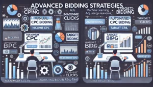 A detailed illustration comparing manual and automated bidding strategies in digital advertising. The image is divided into two sections: one showing manual CPC bidding with a person setting maximum CPC for ads on a computer, and the other showing automated bidding with machine learning algorithms adjusting bids in real-time. Icons for 'Maximise Clicks' and 'Target CPA', as well as charts and graphs representing bid adjustments and performance, are included.