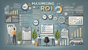 A detailed illustration summarising a guide on maximising ROI in PPC campaign management. The image features a digital marketing workspace with elements like setting clear campaign goals, keyword research, crafting ad copy, and optimising landing pages. Additional elements include graphs and charts showing continuous monitoring and analysis, a checklist, and icons representing data-driven adjustments. The design is modern and professional.
