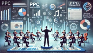 An illustration showing a PPC manager conducting various elements of a digital marketing campaign as if they were musical instruments. The scene includes graphs, charts, ad copies, and data analysis tools arranged like an orchestra. The background displays a digital interface with metrics and analytics, conveying strategic planning, data analysis, and creative thinking.