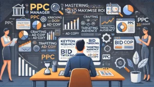 An illustration depicting the role and responsibilities of a PPC manager. The scene features a PPC manager working at a desk with a digital marketing dashboard displaying various campaign metrics. Elements include keyword research, crafting ad copy, targeting the audience, and analysing campaign data. The background shows icons and graphics representing tasks like bid tweaking, targeting refinement, and ad copy improvement.