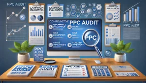 An illustration showing a digital marketing workspace with a computer displaying a comprehensive PPC audit report. The scene includes graphs, charts, and checklists representing campaign performance evaluation, issue identification, and suggested improvements. Additional elements like a magnifying glass, audit checklist, and icons for data analysis highlight the step-by-step process.