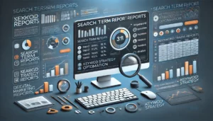 An illustration of a digital marketing dashboard on a computer screen displaying search term reports. The scene includes graphs and charts showing query data, keyword opportunities, patterns, and trends. Additional elements include a magnifying glass, keyword lists, and icons representing keyword strategy optimisation. The design emphasises the importance of keyword analysis for long-term PPC campaign success.