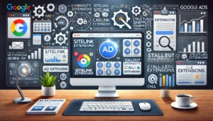 An illustration showing a digital marketing dashboard on a computer screen displaying various ad extensions, including Sitelink Extensions, Callout Extensions, Structured Snippets, and Call Extensions. The background includes icons and graphics representing increased visibility, engagement, and conversions. Additional elements feature a Google Ads logo and symbols of optimisation like gears and checkmarks.