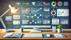 An illustration of a digital marketing workspace with a computer screen displaying Google Analytics data, including user journey maps, conversion funnels, and multi-channel attribution paths. The scene includes graphs, charts, and icons representing user interactions from ad click to conversion, drop-off points in the conversion funnel, and multi-channel paths.