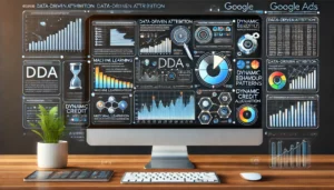 An illustration showing a digital marketing dashboard on a computer screen displaying Data-Driven Attribution (DDA) metrics. The scene includes charts, graphs, and flow diagrams representing machine learning analysis, user behaviour patterns, and dynamic credit allocation. The design emphasises the complexity and power of DDA for optimising PPC campaigns. 