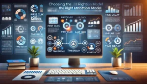 An illustration showing a digital marketing dashboard on a computer screen displaying various attribution models such as first click, last click, linear, time decay, and data-driven attribution. The scene includes icons and graphics representing different marketing goals, customer journeys, and data analysis. 