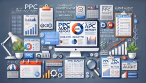 An illustration showing a digital marketing workspace with a computer screen displaying a comprehensive PPC audit report. The scene includes highlighted issues, a roadmap for future improvements, and steps for creating an informative and actionable report. Additional graphics such as charts, graphs, checklists, and icons represent continuous improvement and expert guidance from a PPC agency.