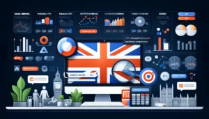 An illustration showing a digital marketing dashboard with various Google Ads bidding strategies for UK businesses. The scene includes charts, graphs, and icons representing manual CPC, automated bidding, target CPA, and maximising conversions. A Union Jack and British landmarks add a UK theme, emphasising strategic planning and competition in the online marketplace.