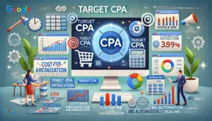 An illustration showing a digital marketing dashboard displaying Target CPA (Cost Per Acquisition) metrics. The scene includes charts, graphs, and icons representing cost per acquisition, conversion rates, automated bidding strategies, customer acquisition costs, bid automation, and campaign scaling. The design is modern and professional.