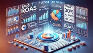 An illustration showing a digital marketing dashboard displaying Target ROAS (Return on Ad Spend) metrics. The scene includes charts, graphs, and icons representing revenue, ad spend, and profit margins. The design includes indicators for high and negative ROAS, illustrating positive returns and areas needing adjustments.