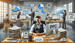 A busy entrepreneur in a modern office looks relieved as a professional PPC ad agency team efficiently manages PPC tasks on multiple screens in the background, providing peace of mind and freeing up time for strategic planning and customer engagement.