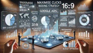 An illustration showing a digital marketing dashboard displaying metrics related to the Maximise Clicks bidding strategy in Google Ads. The scene includes charts, graphs, and icons representing increased traffic, automated bidding, and online presence. The design is modern and professional.