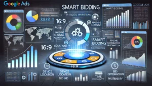 An illustration showing a digital marketing dashboard displaying metrics related to Smart Bidding in Google Ads. The scene includes charts, graphs, and icons representing machine learning algorithms, data analysis, and bid optimisation, along with factors like device, location, time, and conversion probability. 