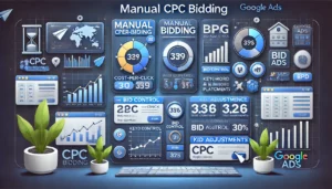 An illustration showing a digital marketing dashboard displaying metrics related to Manual CPC (Cost-Per-Click) Bidding in Google Ads. The scene includes charts, graphs, and icons representing bid control, keyword performance, bid adjustments, and ad placements. The design is modern and professional.