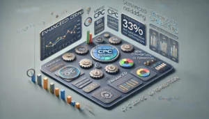An illustration showing a digital marketing dashboard displaying metrics related to Enhanced CPC (eCPC) Bidding in Google Ads. The scene includes charts, graphs, and icons representing bid adjustments, conversion likelihood, and automated optimisation, highlighting the balance between manual control and automated adjustments.