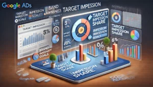 An illustration showing a digital marketing dashboard displaying metrics related to Target Impression Share in Google Ads. The scene includes charts, graphs, and icons representing impression percentage goals, ad visibility, reach, brand awareness, and audience reach. The design is modern and professional.