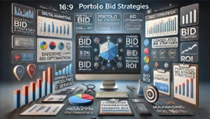 An illustration showing a digital marketing dashboard displaying metrics related to Portfolio Bid Strategies in Google Ads. The scene includes charts, graphs, and icons representing multiple campaigns, bid optimisation, budget allocation, diverse product lines or services, consolidated bidding efforts, and maximising ROI. The design is modern and professional.