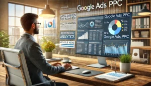 In a modern office, a marketing professional analyzes detailed analytics and charts on a large screen, ensuring peace of mind through data-driven decision making in Google ads PPC. The background features eCommerce products and a Google ads PPC dashboard.
