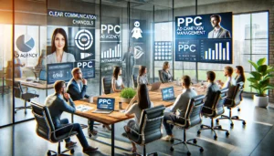 In a modern office, a professional PPC ad agency team is engaged in a video conference with a client, showing progress reports, charts, and data on screens, ensuring clear communication channels. The client looks engaged, asking questions and providing feedback, highlighting transparency and trust.