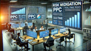 In a modern office, a professional PPC ad agency team analyzes data on multiple screens, identifying potential risks and making real-time adjustments to strategies. Graphs and charts display fluctuating market conditions, highlighting the agency's expertise in risk mitigation.