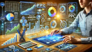 A person analyzing PPC metrics on a digital marketing dashboard with real-time data, graphs, charts, and analytics tools.