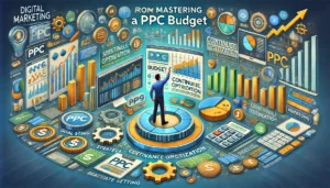 A person engaged in mastering a PPC budget, analyzing a digital marketing dashboard with real-time data, graphs, charts, and analytics tools.