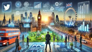 A futuristic cityscape of London with iconic landmarks and advanced digital elements, illustrating How UK Businesses Thrived with Top PPC Ad Agencies.